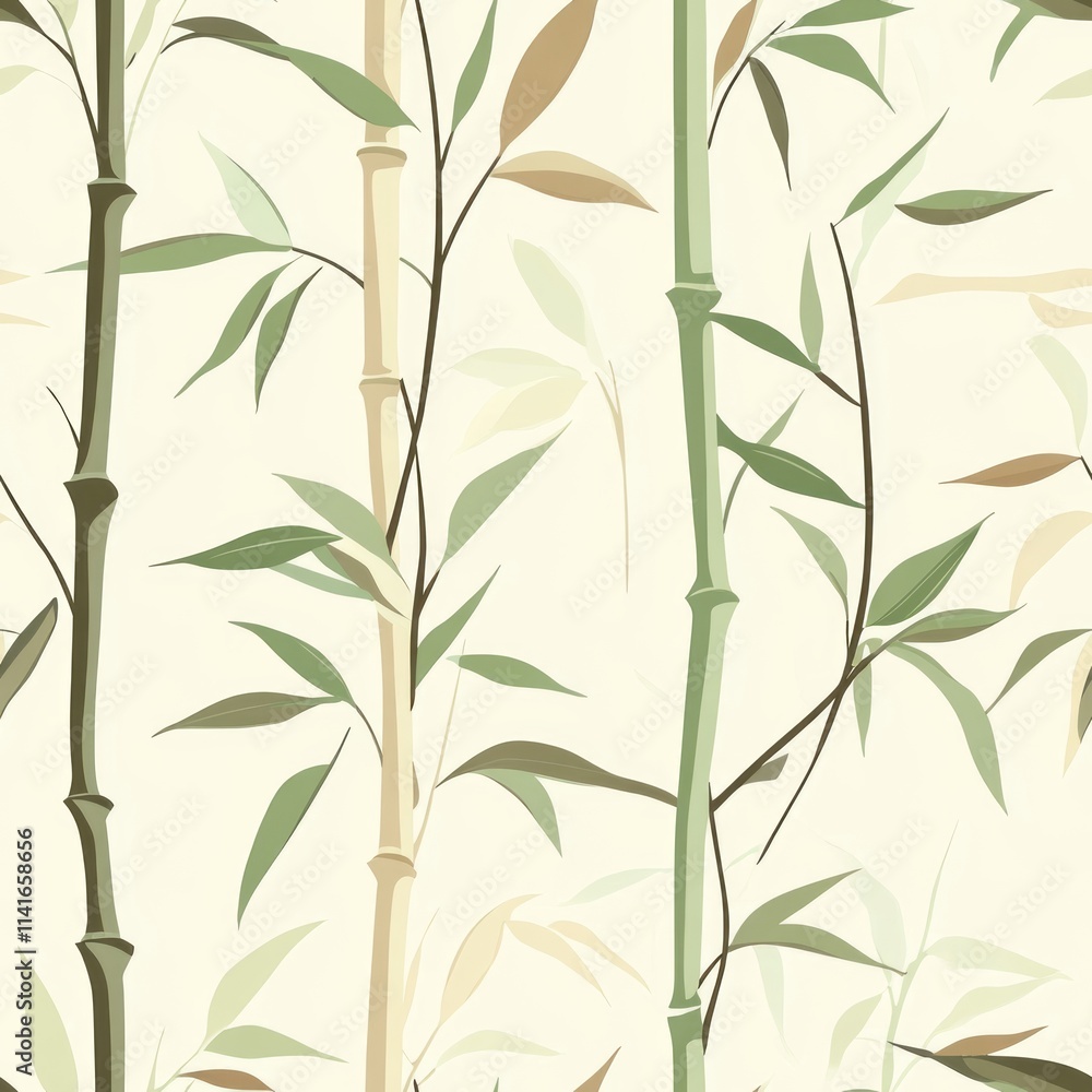 Naklejka premium Blooming Bamboo Bliss A seamless 2D pattern featuring minimalist bamboo stalks and leaves in soft greens and browns