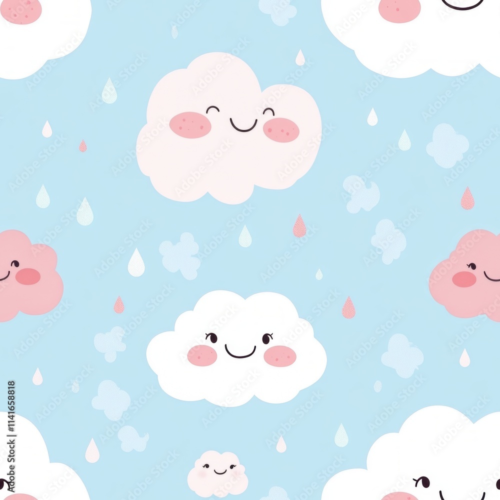 Cheerful Cloud Cluster Smiling clouds with rosy cheeks and tiny raindrops in light, airy pastel colors Cheerful Cloud Cluster Smiling clouds with rosy cheeks and tiny raindrops in light, airy pastel colors