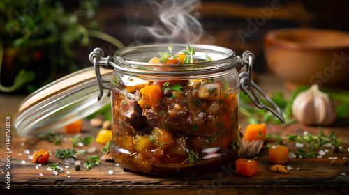 An opened glass jar highlighting a rich pork knuckle and autumn vegetables immersed in a luxurious wine and brandy sauce.
