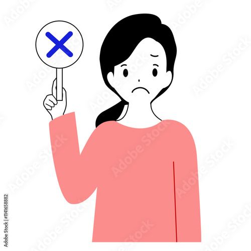 Illustration of a young woman holding an incorrect tag..