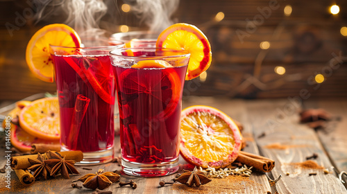 Glasses of mulled wine releasing soft steam, their vibrant red hues accented by garnishes of orange slices, cinnamon sticks, and star anise.