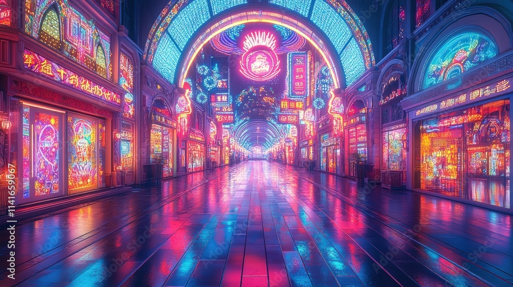 Obraz premium Neon-lit street, vibrant shops, wet pavement, night scene.