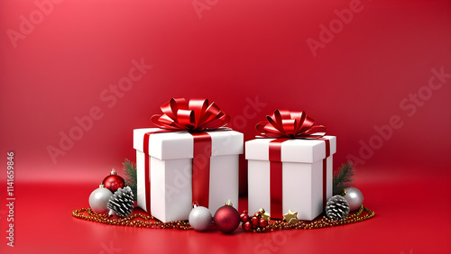 Christmas decorations with gift box on red background. 3d rendering