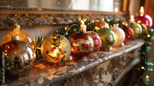 Vintage Christmas balls displayed on an antique mantlepiece, with soft tinsel garlands, warm candlelight, and reflections of an old-fashioned holiday celebration in their glossy surfaces.