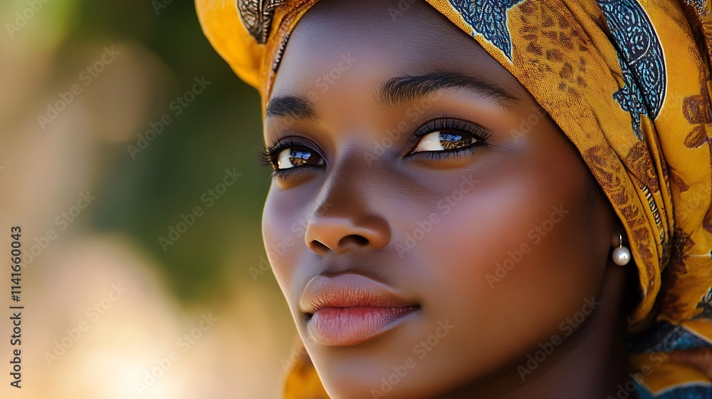Close-up photo of a woman in patterned yellow headscarf against blurred bokeh. AI Generated Close-up photo of a woman in patterned yellow headscarf against blurred bokeh. AI Generated