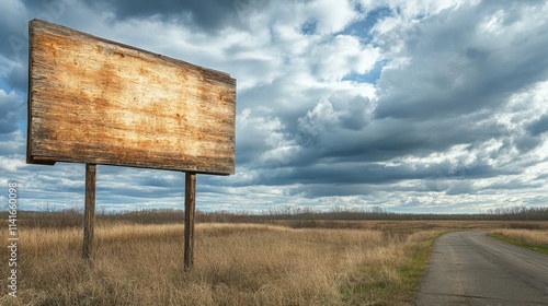 A rustic wooden billboard along a country road with open fields and a cloudy sky in the background, offering a wide canvas for advertising in a rural setting. photo