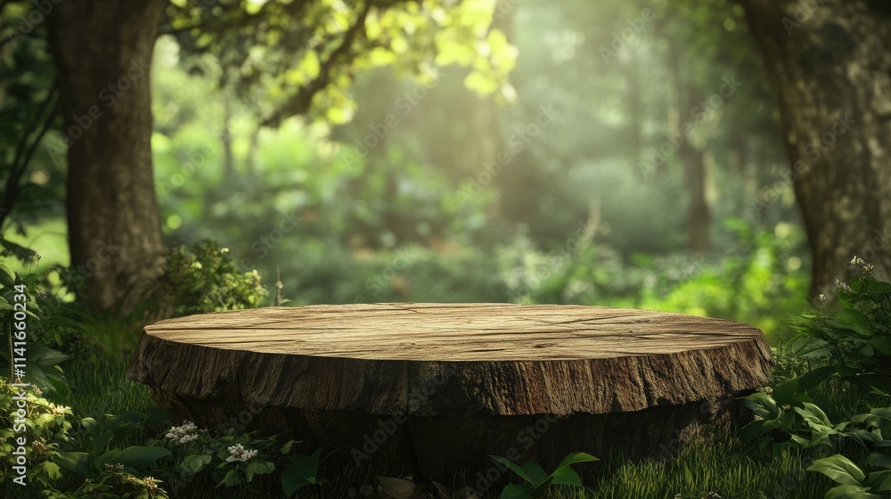 Naklejka premium A rustic wooden desk or stump in a lush green forest, surrounded by trees and nature, ideal for product display or promotional use in a peaceful setting.
