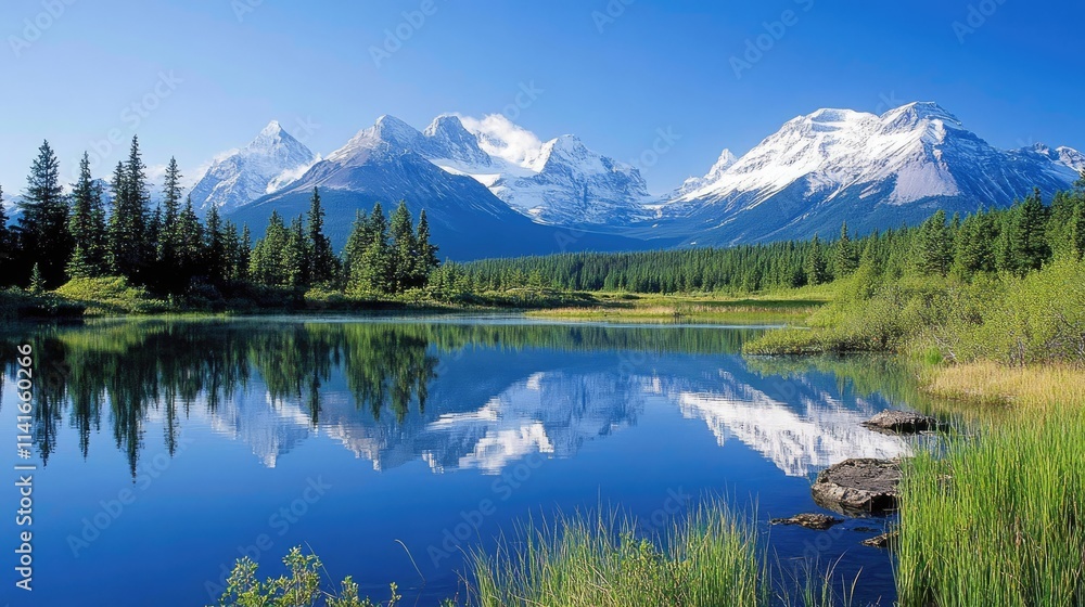 A serene mountain lake with clear water reflecting snow-capped peaks, creating an idyllic natural scene. Ideal for promoting outdoor travel or nature conservation. A serene mountain lake with clear water reflecting snow-capped peaks, creating an idyllic natural scene. Ideal for promoting outdoor travel or nature conservation.