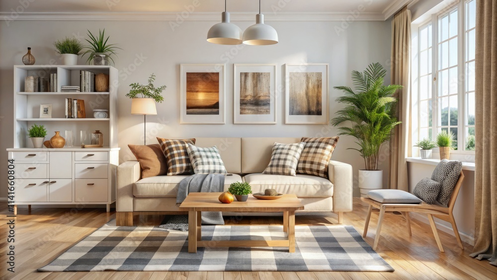 Obraz premium Minimalist Scandinavian living room: white beige sofa, wooden sideboard, cozy Nordic design.