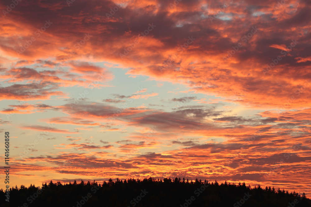 Orange, red sunset over forest and village. Romantic dramatic background for design. Sky and clouds. Orange, red sunset over forest and village. Romantic dramatic background for design. Sky and clouds.
