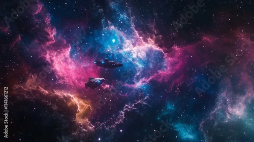 Spaceship in a distant galaxy, surrounded by colorful nebulas, stars, and alien planets, cosmic wonder, cinematic