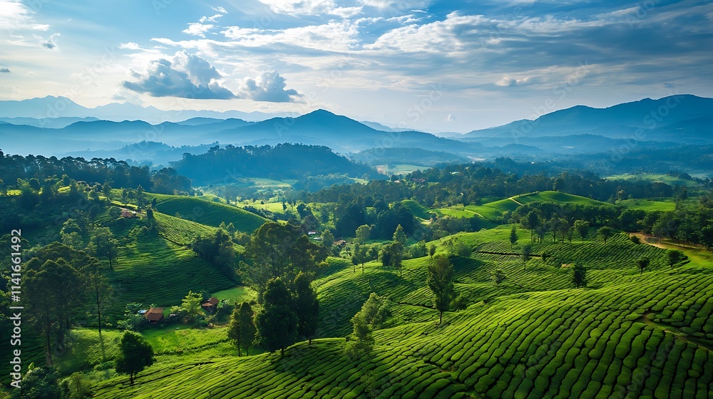 Fototapeta premium Sunlit Green Hills: A Breathtaking Landscape Panorama. AI Generated