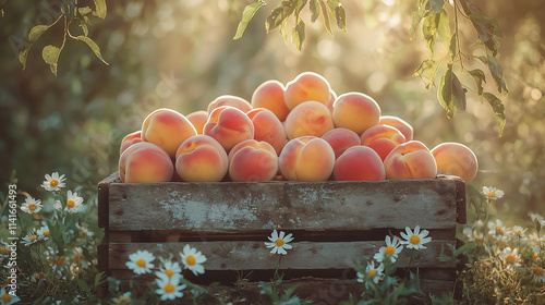 Fresh ripe peaches in rustic wooden crate surrounded by wildflowers in sunlight photo