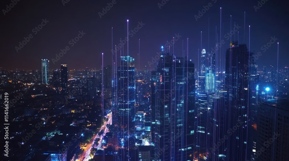 custom made wallpaper toronto digitalA stunning view of Bangkok city at night with glowing lines of 5G and Wi-Fi networks, representing the smart city's communication and IoT infrastructure.