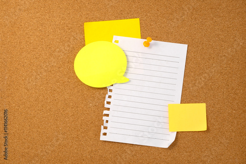Blank note paper on cork board wall. Noticeboard to organize life and work concept