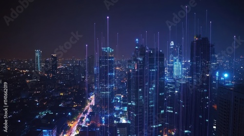 Wallpaper Mural A stunning view of Bangkok city at night with glowing lines of 5G and Wi-Fi networks, representing the smart city's communication and IoT infrastructure. Torontodigital.ca