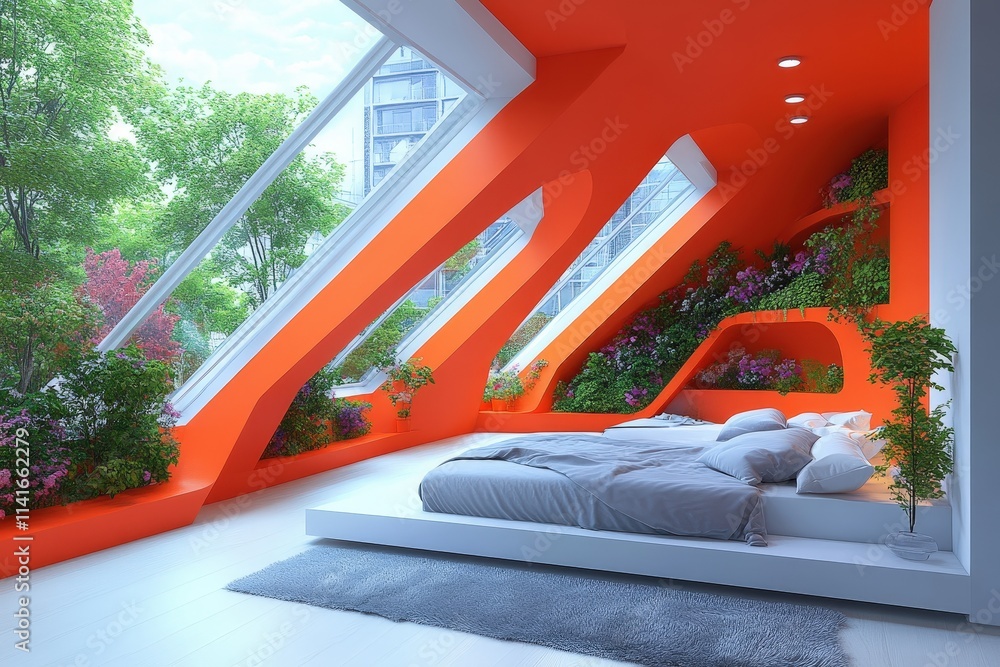 A modern, vibrant bedroom featuring bright orange walls and large windows, surrounded by lush greenery and floral accents. A modern, vibrant bedroom featuring bright orange walls and large windows, surrounded by lush greenery and floral accents.