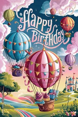 Whimsical Hot Air Balloons with a Happy Birthday Theme in a Colorful Landscape