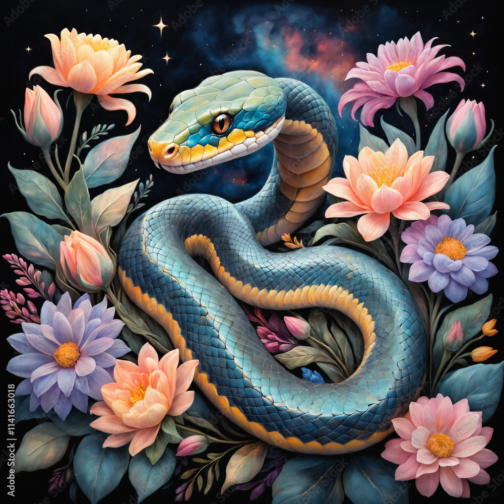 Majestic blue snake coiled among colorful flowers in cosmic scene Majestic blue snake coiled among colorful flowers in cosmic scene