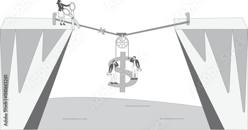 Reduce or release dollar debt, get rid of dollar bondage or debt, businesswoman holding scissors to cut the rope hanging heavy dollar sign