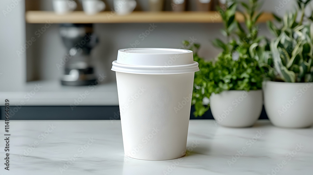 Disposable coffee cup on marble counter in cafe. Disposable coffee cup on marble counter in cafe.