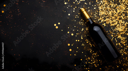 Black wine bottle with gold glitter background