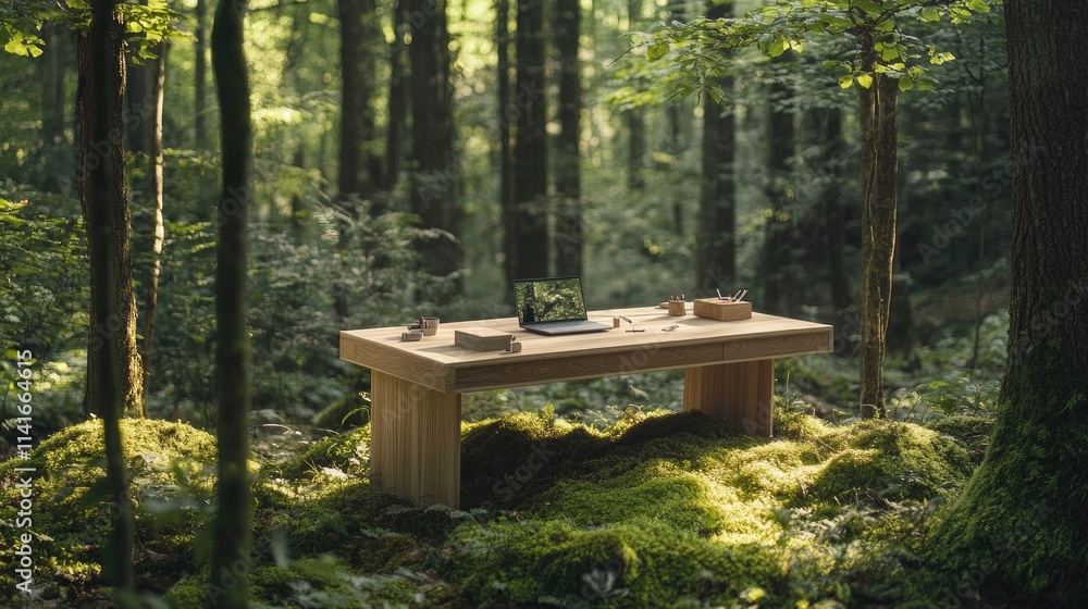 A wooden desk placed on a green forest floor, surrounded by trees and plants, creating an ideal environment for showcasing products with natural beauty.