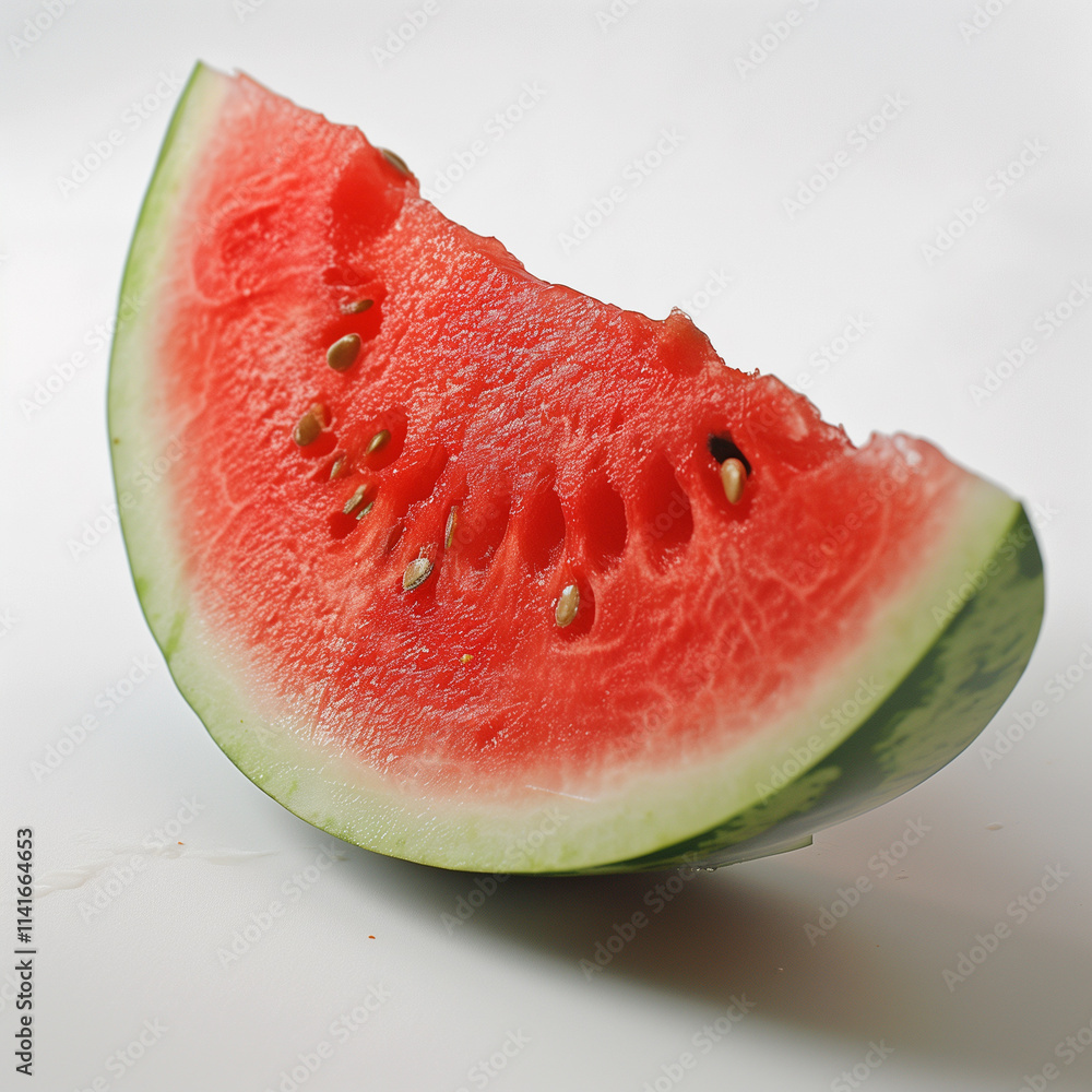 A delicious slice of juicy watermelon with a bite taken out of it, showcasing the fresh, vibrant red flesh and the green rind surrounding it A delicious slice of juicy watermelon with a bite taken out of it, showcasing the fresh, vibrant red flesh and the green rind surrounding it