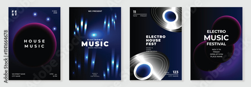 Music poster design background vector set. Electro Sound Cover template with vibrant abstract gradient geometric shape and line wave. Ideal design for social media, flyer, party, music festival, club.
