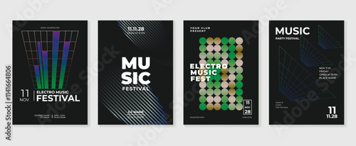 Music poster design background vector set. Electro Sound Cover template with vibrant abstract gradient geometric shape and line wave. Ideal design for social media, flyer, party, music festival, club.
