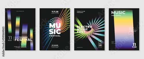 Music poster design background vector set. Electro Sound Cover template with vibrant abstract gradient geometric shape and line wave. Ideal design for social media, flyer, party, music festival, club.