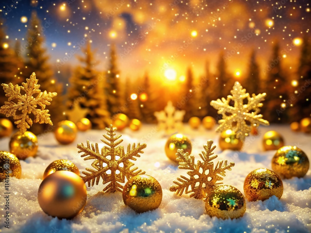 Christmas Gold Snowflakes Landscape Background, Golden Decor Christmas Gold Snowflakes Landscape Background, Golden Decor