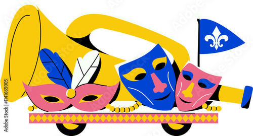 Vector Illustration of Festive Mardi Gras Graphic with Masks and Trumpet