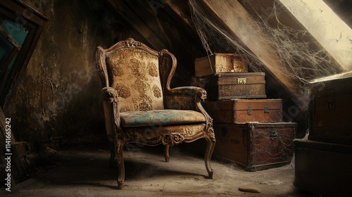 An antique chair sits abandoned in a dusty attic, surrounded by old trunks and cobwebs, evoking a sense of forgotten memories and untold stories.