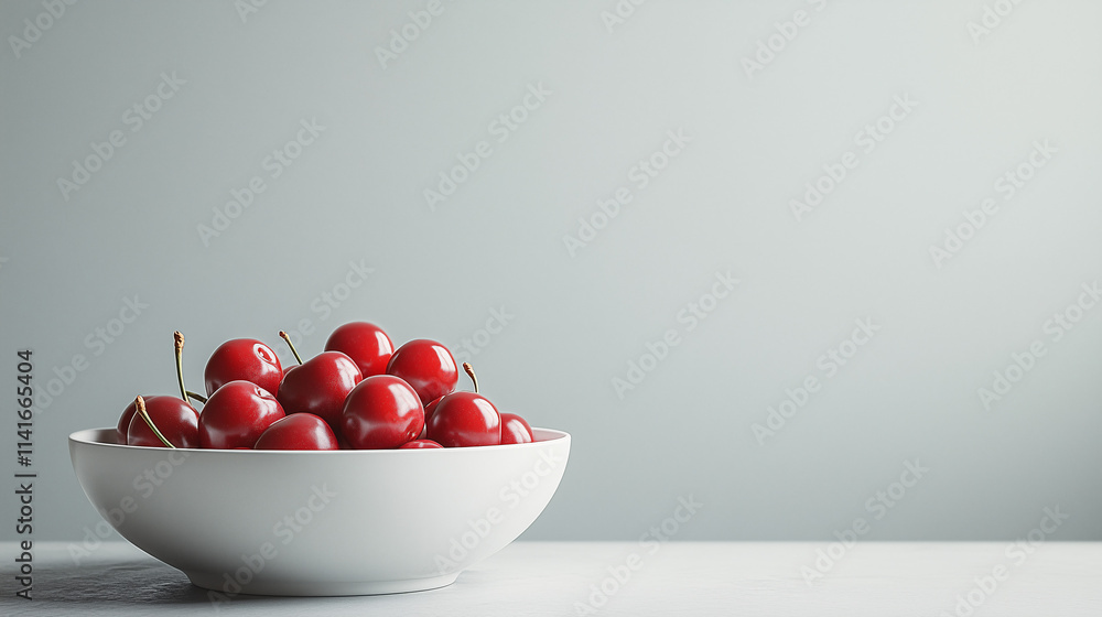 Ripe red cherries in white ceramic bowl simple kitchen food photography minimalist style close-up view freshness concept Ripe red cherries in white ceramic bowl simple kitchen food photography minimalist style close-up view freshness concept