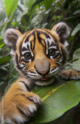 a baby tiger taking a selfie while playfully pouncing on a leaf, high-quality camera, with color grading and hyper-realism. photo