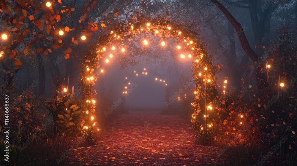 Obraz premium An autumn-themed arch with glowing light bulbs and garlands, creating a welcoming entrance in a misty, fall atmosphere. Perfect for Halloween or seasonal invitations.