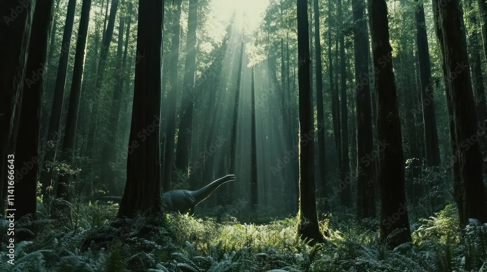 Obraz premium Dinosaur walks forest with sun rays piercing trees.