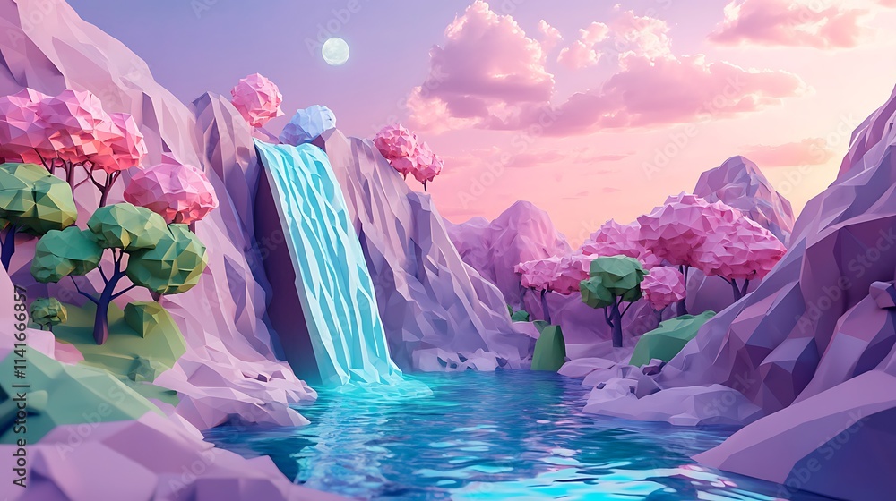 Dreamy Low-Poly Waterfall at Sunset. AI Generated Dreamy Low-Poly Waterfall at Sunset. AI Generated