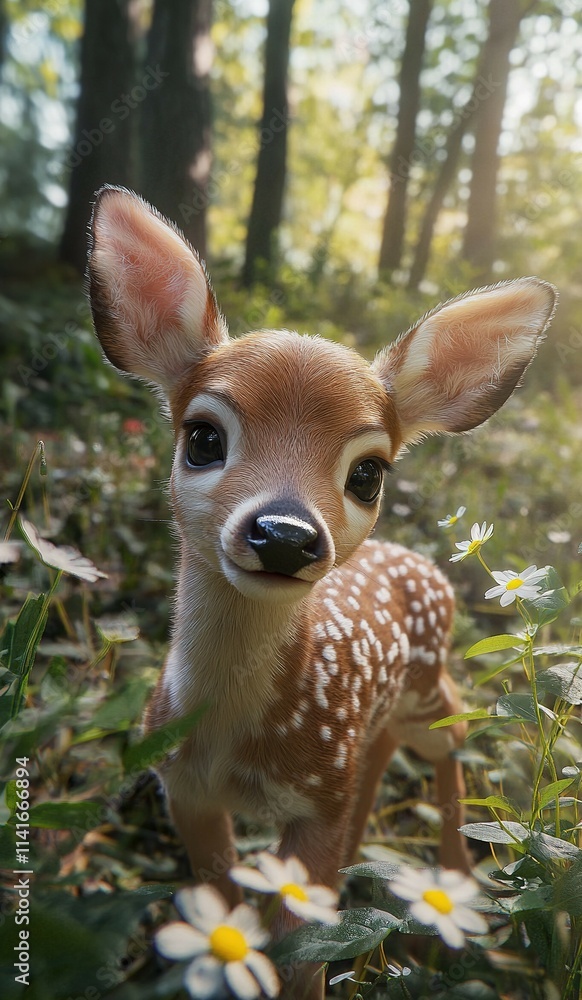 a baby deer taking a selfie in a forest clearing, surrounded by wildflowers, high-quality camera, with color grading and hyper-realism. a baby deer taking a selfie in a forest clearing, surrounded by wildflowers, high-quality camera, with color grading and hyper-realism.