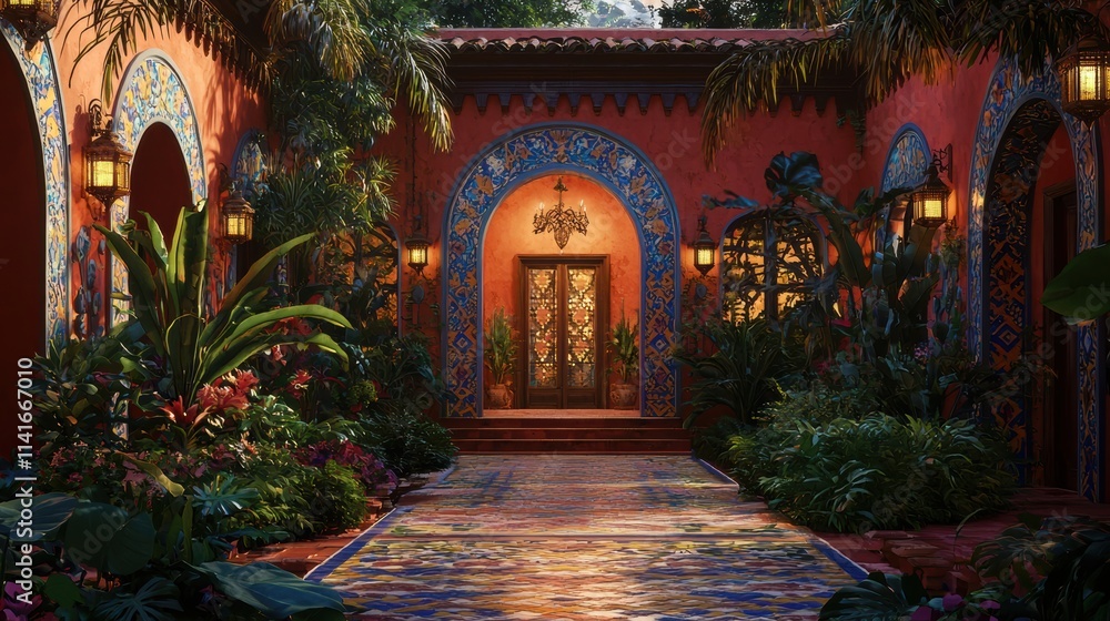 Traditional latin american hacienda with lush courtyard at twilight Traditional latin american hacienda with lush courtyard at twilight