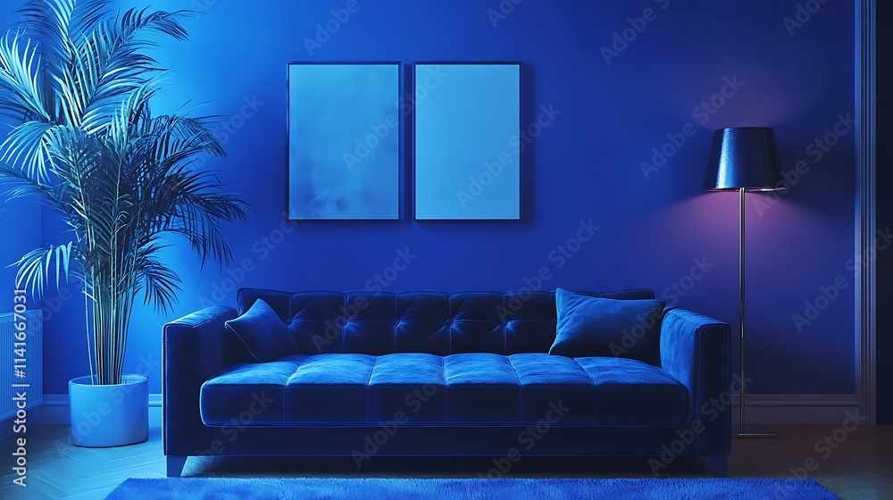 Deep blue mockup photo brightly lit room wide shot.. AI Generated Deep blue mockup photo brightly lit room wide shot.. AI Generated