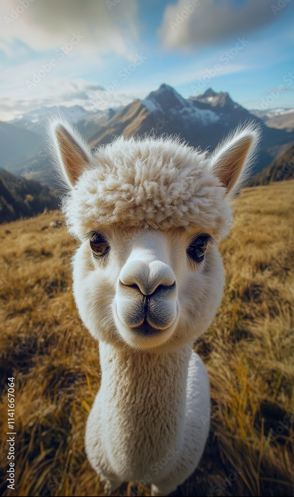 Obraz premium a baby alpaca taking a selfie in a grassy field with mountains in the background, high-quality camera, with color grading and hyper-realism.