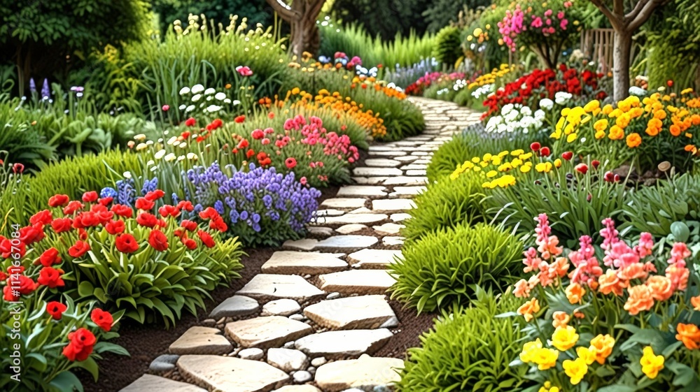 Fototapeta premium A stunning garden path lined with vibrant flowers in red, yellow, purple, and white, inviting visitors to explore the lush greenery and colorful blooms.