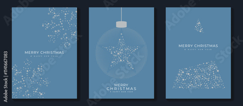 Merry Christmas and Happy New Year greeting card vector set. Luxury invitation with Christmas tree, bauble, spot texture on blue background. Design illustration for season's card, ads.