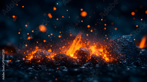 Embers glowing with sparks and flames at night.