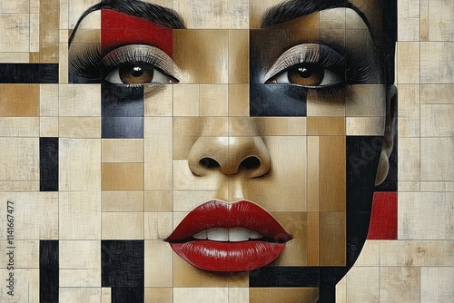 An artistic portrayal of a woman's face, blending vivid colors and geometric patterns, highlighting her striking features and bold lips.