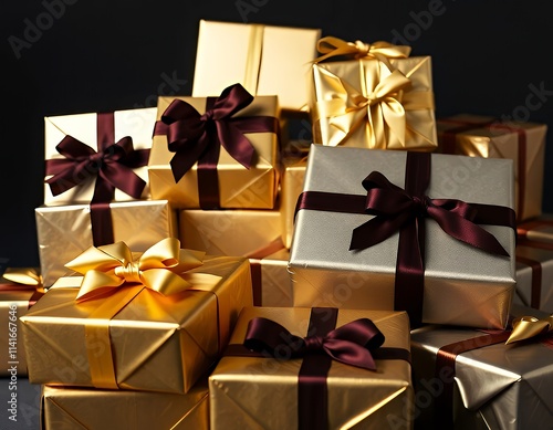 a close up of a pile of gold and silver wrapped presents. photo