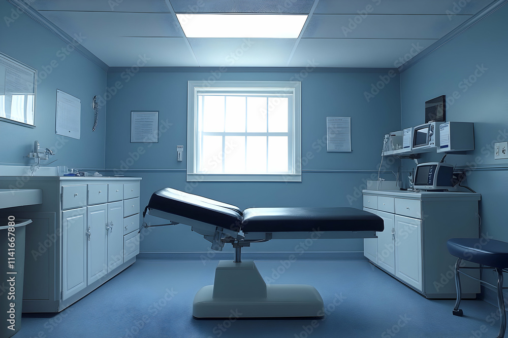 Empty medical examination room with an examination table, cabinets, and medical equipment. Empty medical examination room with an examination table, cabinets, and medical equipment.