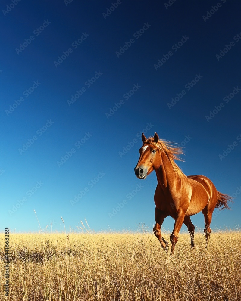 Obraz premium A horse gallops through a golden field under a clear blue sky.